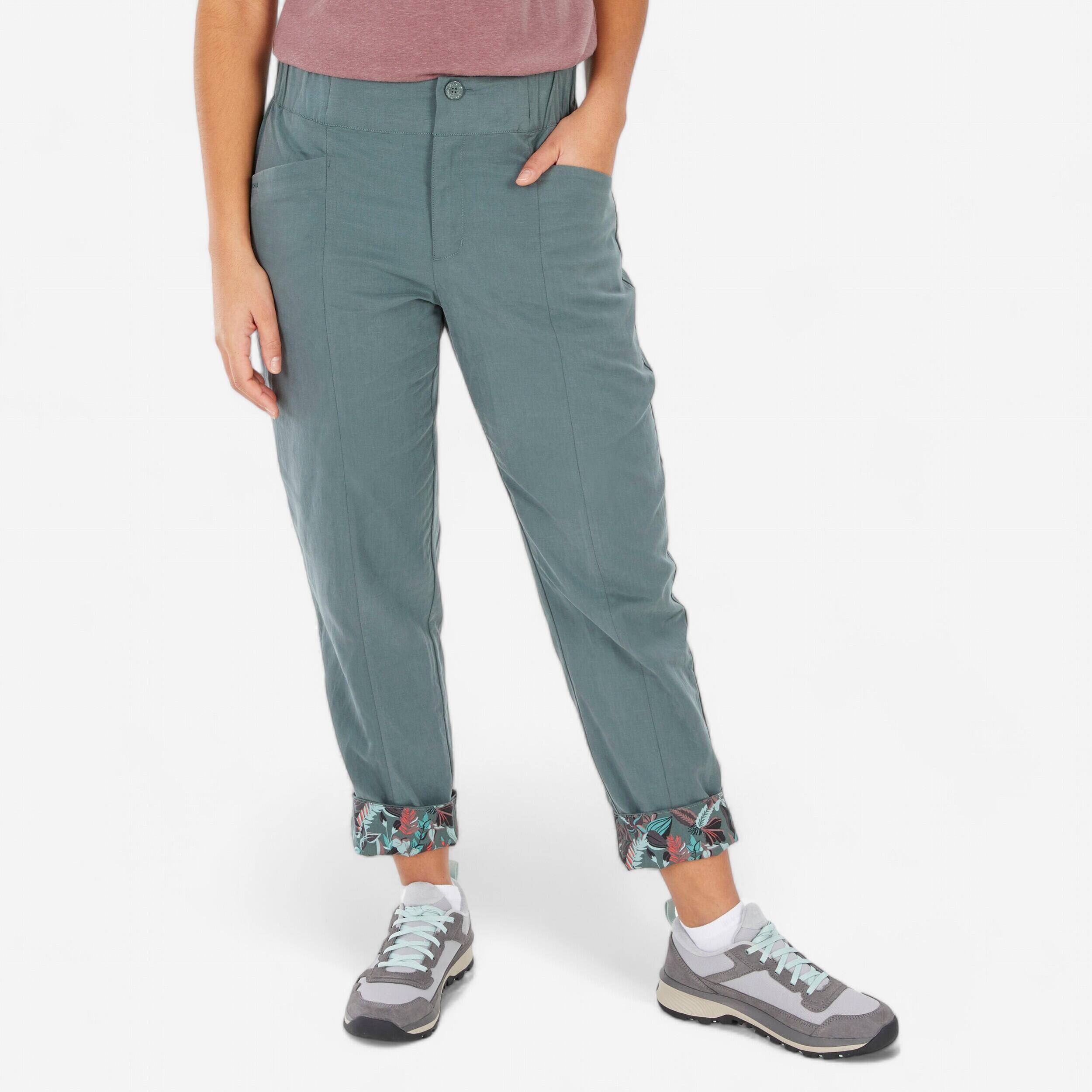 Women Relaxed Fit Linen Pants Grey Khaki - NH500