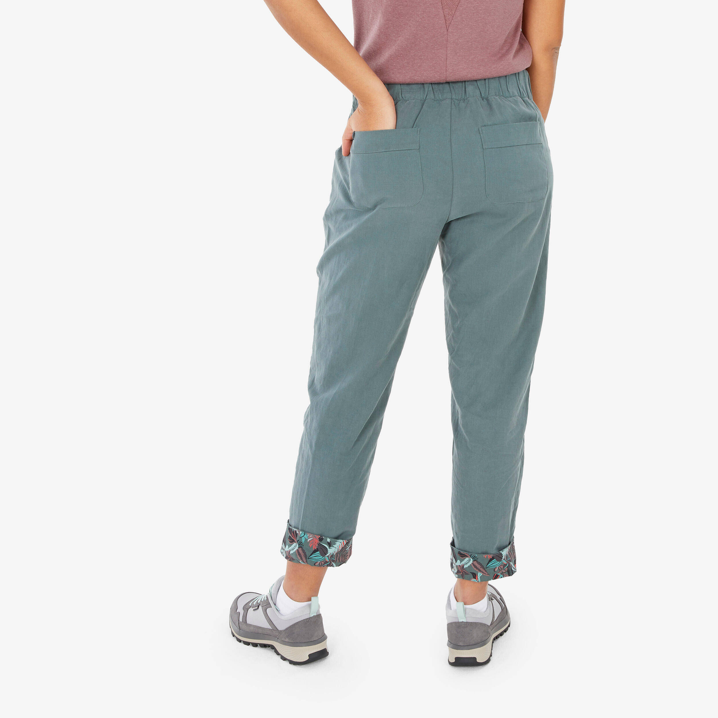 Women Relaxed Fit Linen Pants Grey Khaki - NH500 -  3