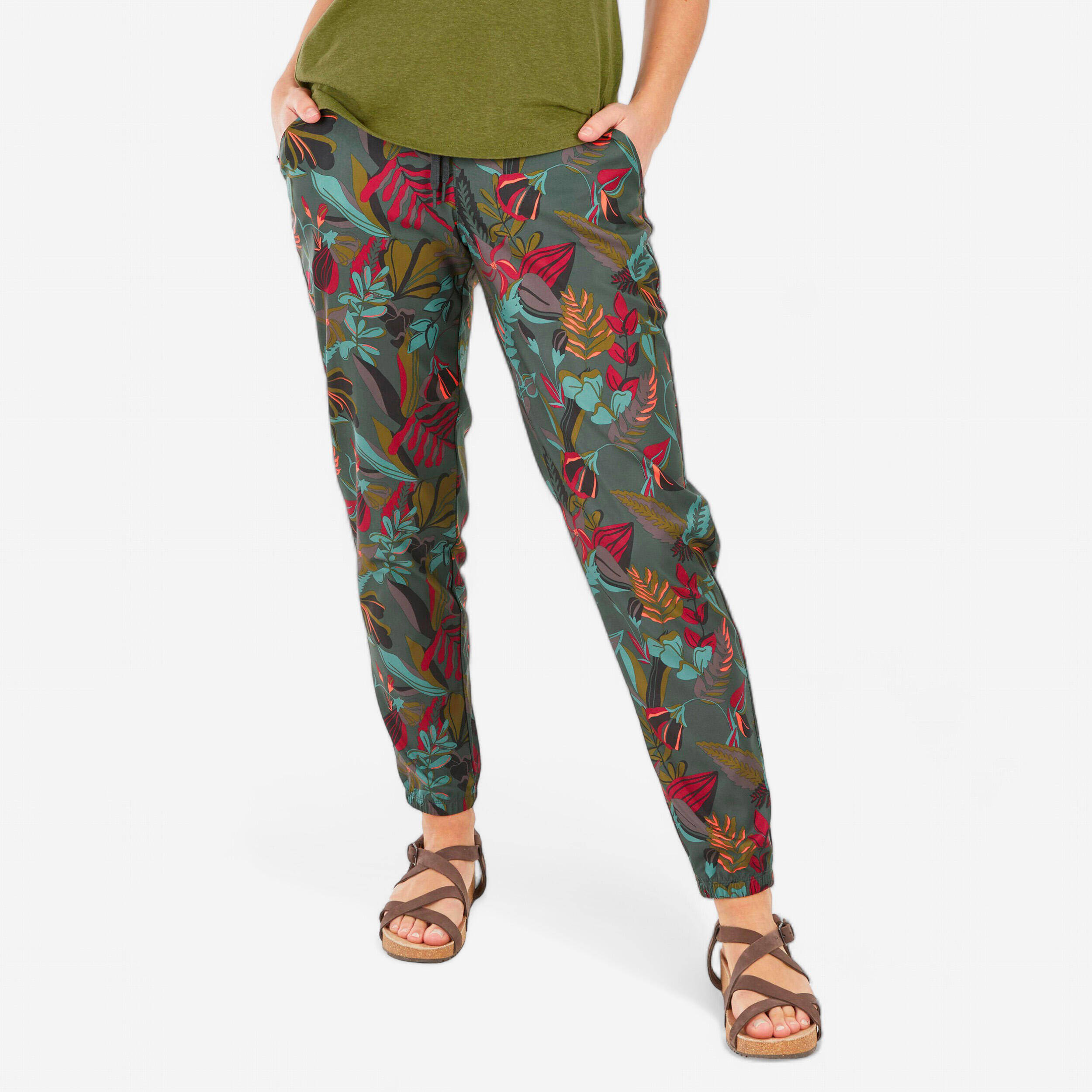 Women Comfort Fit Pant with Wide Waistband Printed Khaki - NH100