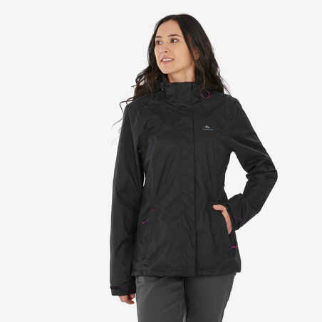 Črna ženska vodoodporna in zračna pohodniška jakna NH500