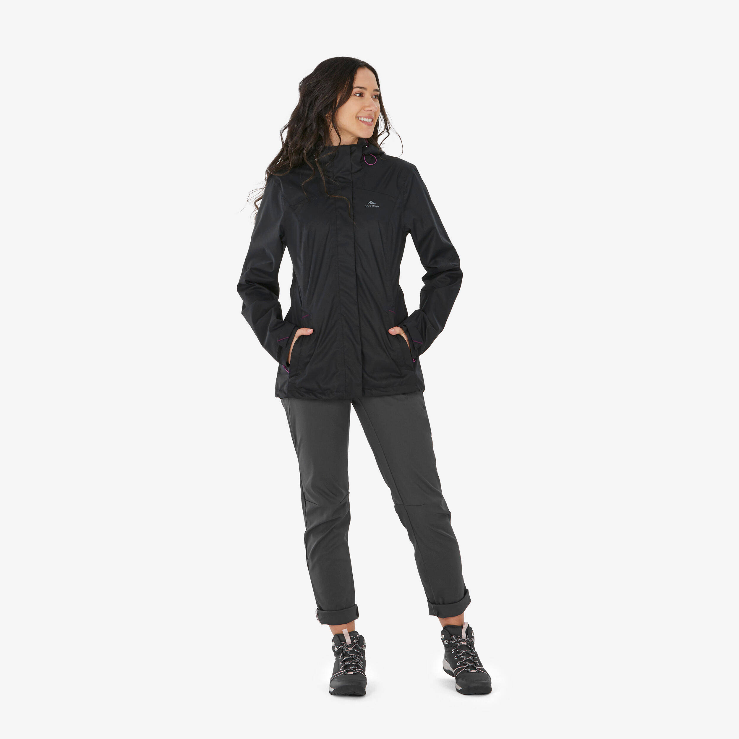 Women Full Zip Rain Jacket with Secure Chest Pocket Smoked Black - NH500 -  2