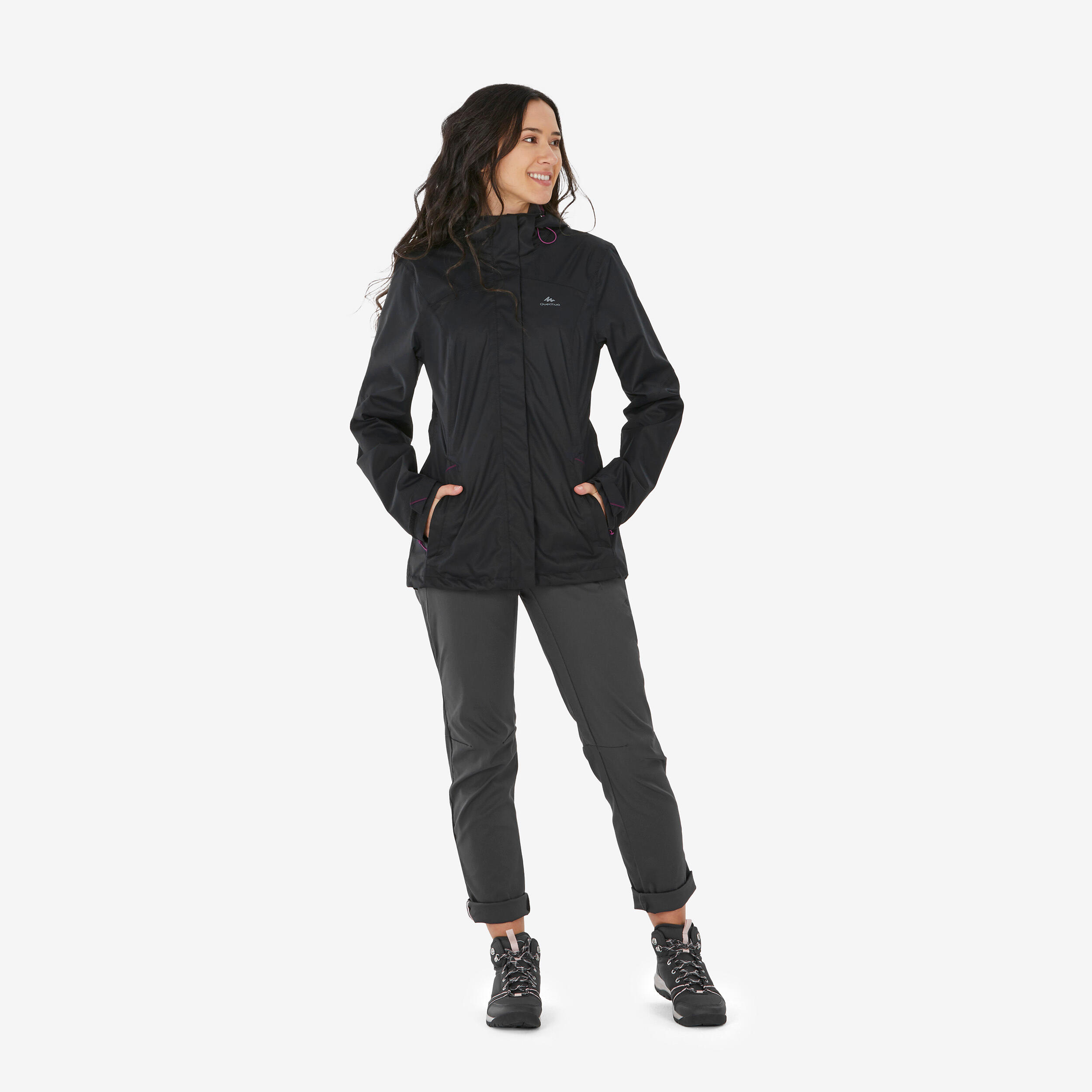 Women’s Waterproof Breathable Hiking Jacket – MH 100 Black - QUECHUA