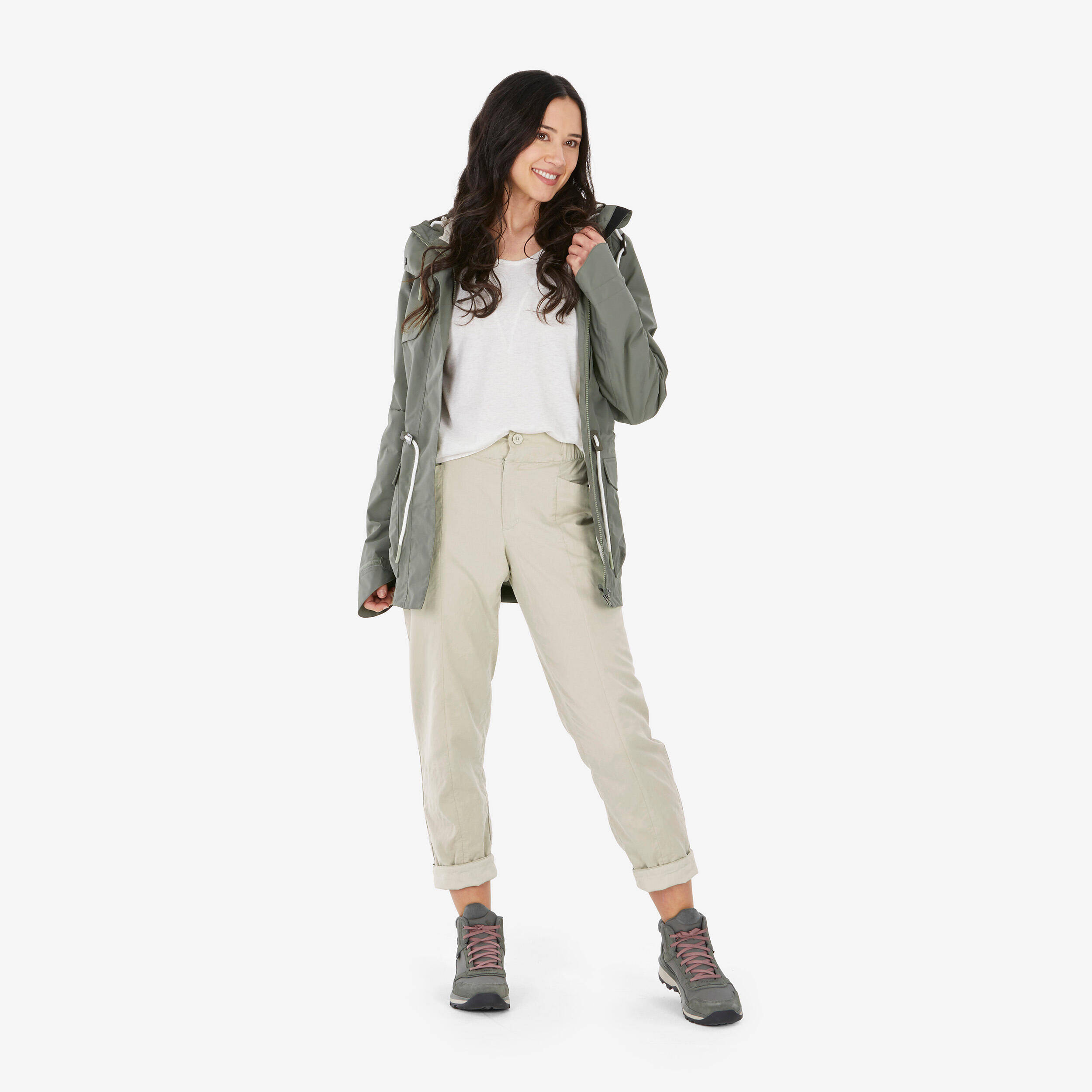 Women Relaxed Fit Linen Pants Beige - NH500 -  3