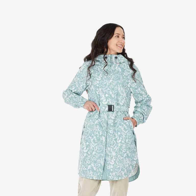 Women Waistbanded Rain Jacket with Storage Pouch Floral Print - NH150