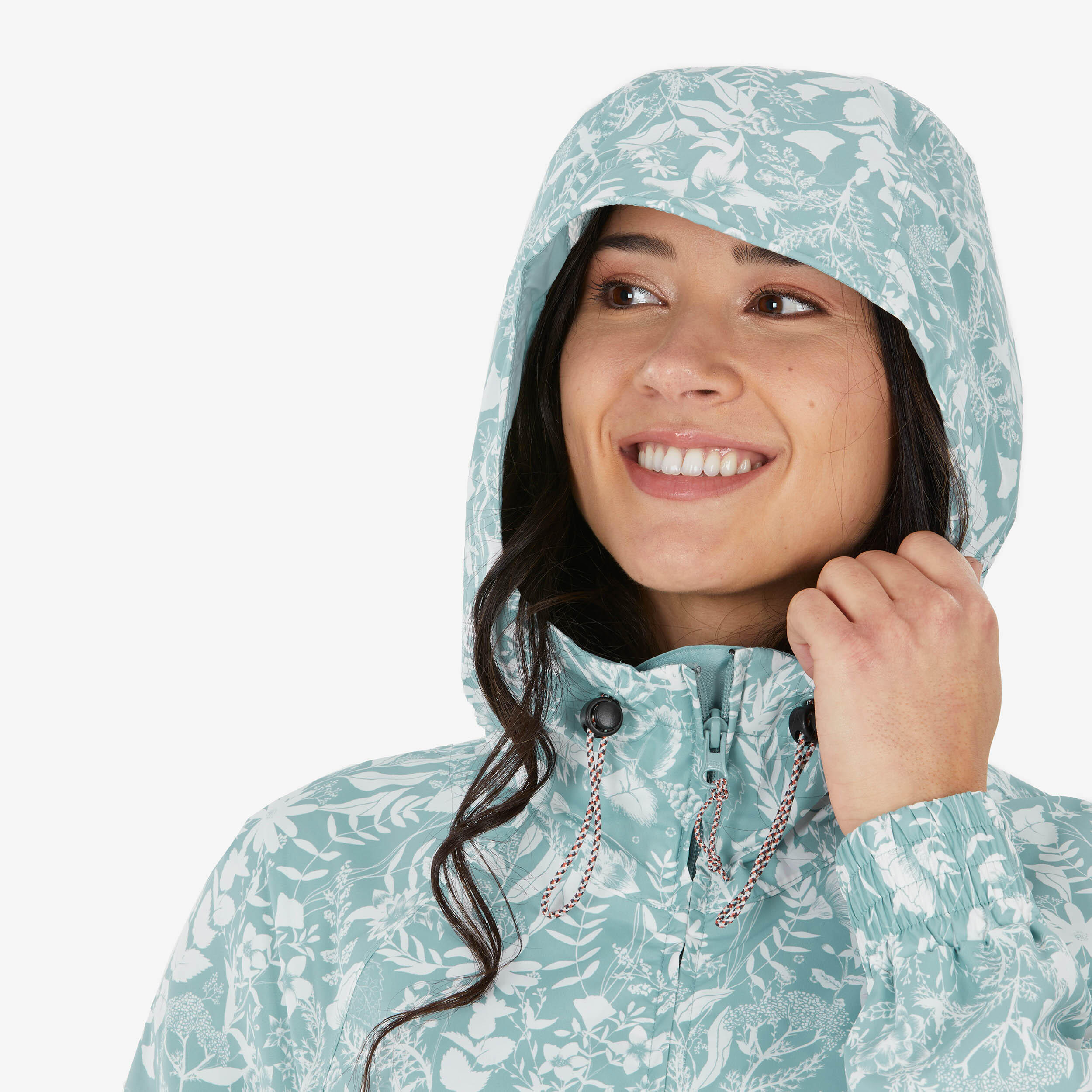 Women Waistbanded Rain Jacket with Storage Pouch Floral Print - NH150