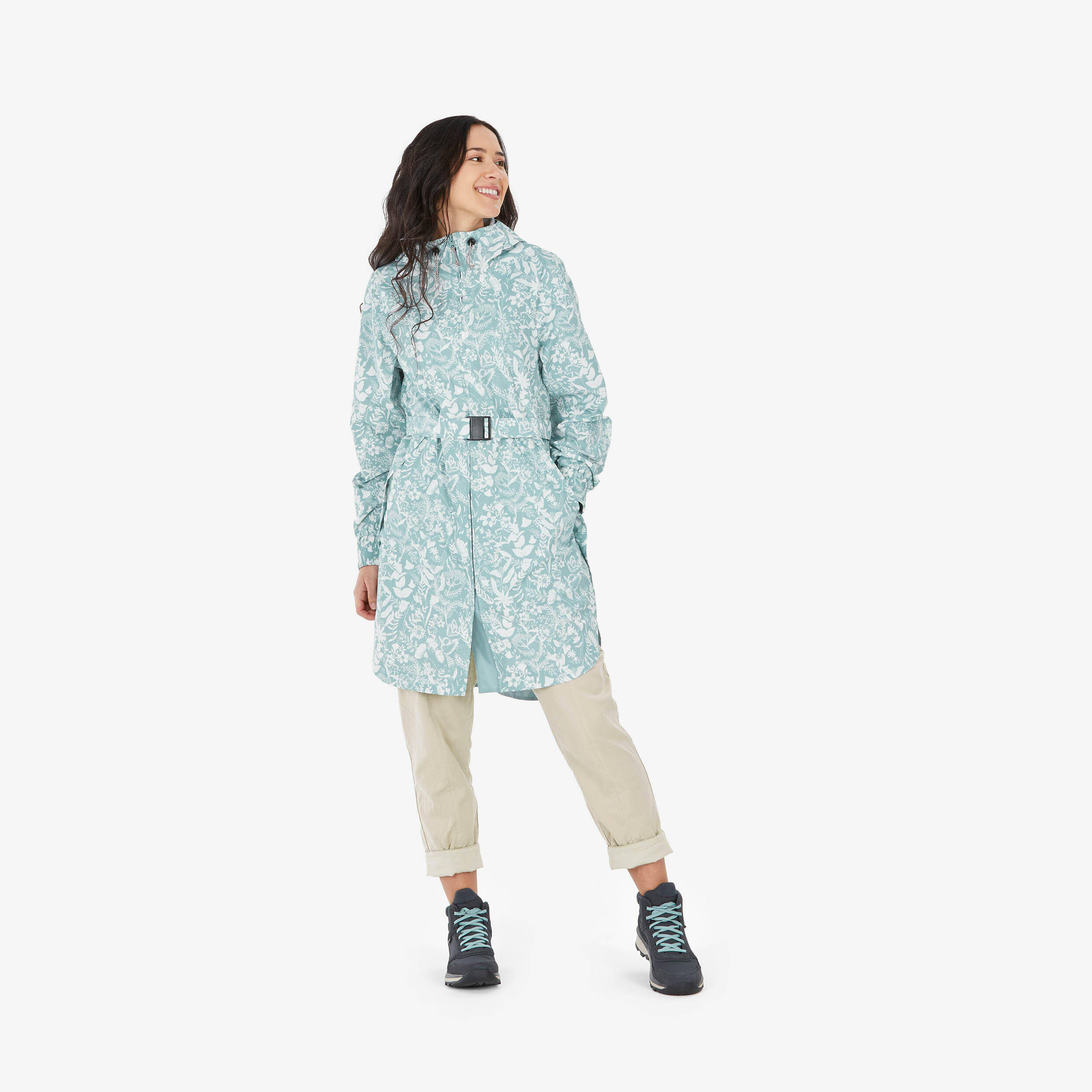 Women Waistbanded Rain Jacket with Storage Pouch Floral Print - NH150 -  1