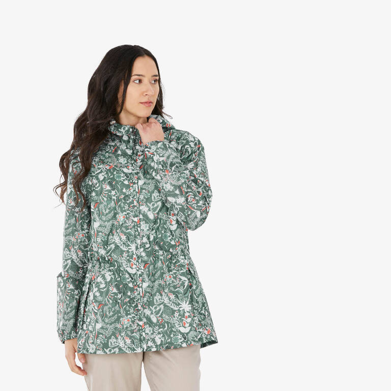 Women Full Zip Rain Jacket with Storage Pouch Floral Print - NH100