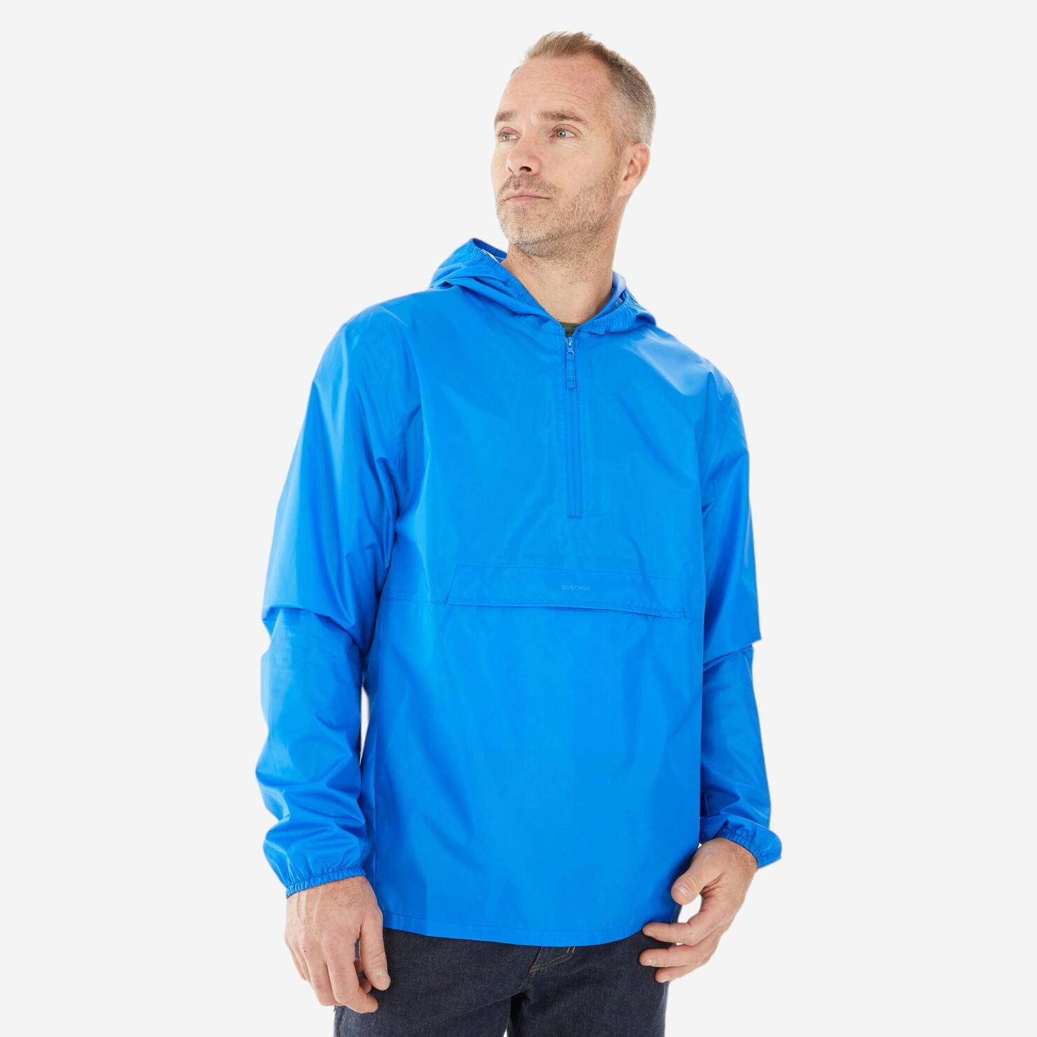Men Half Zip Compact Rain Jacket with Pouch - Blue