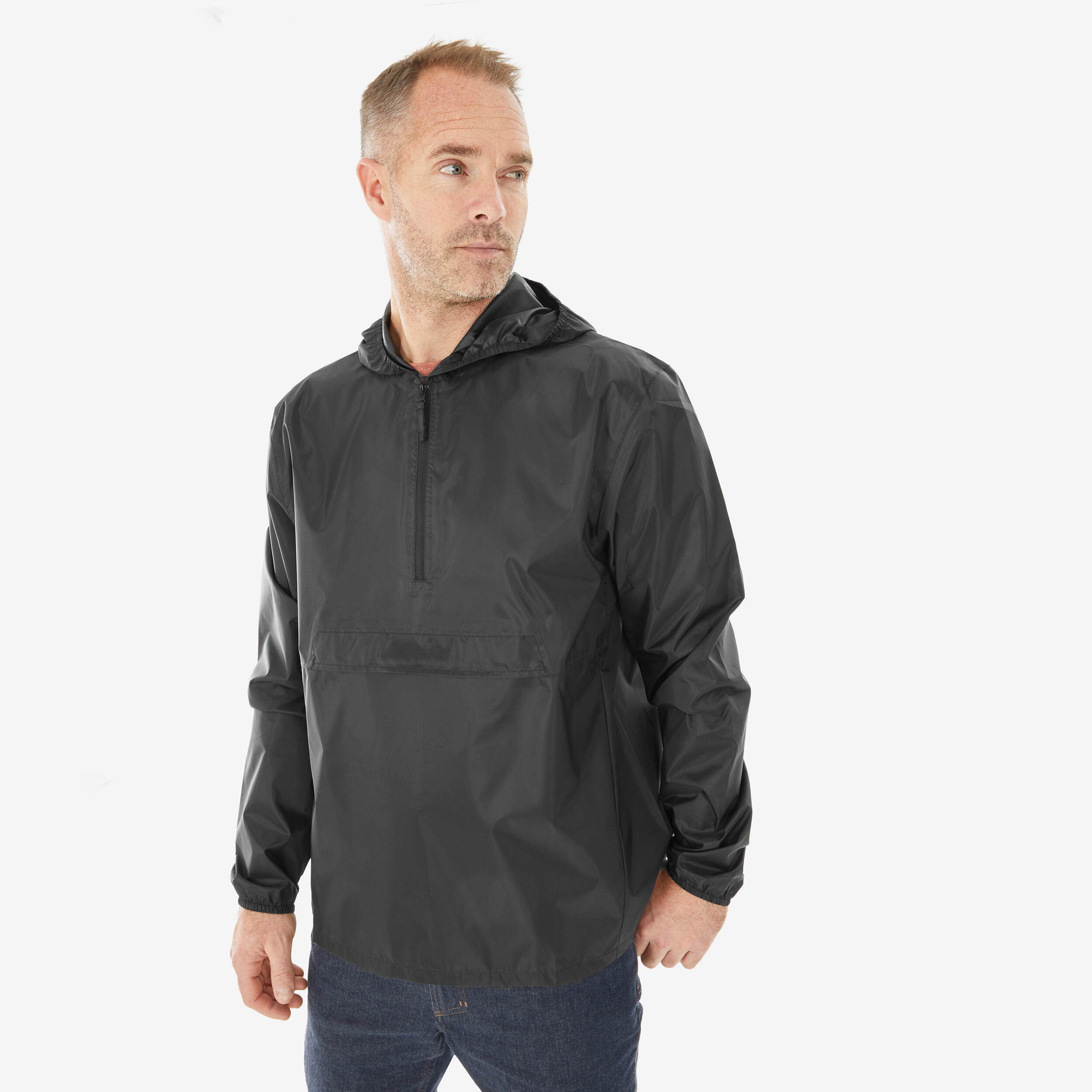Men Half Zip Compact Rain Jacket with Pouch - Black image