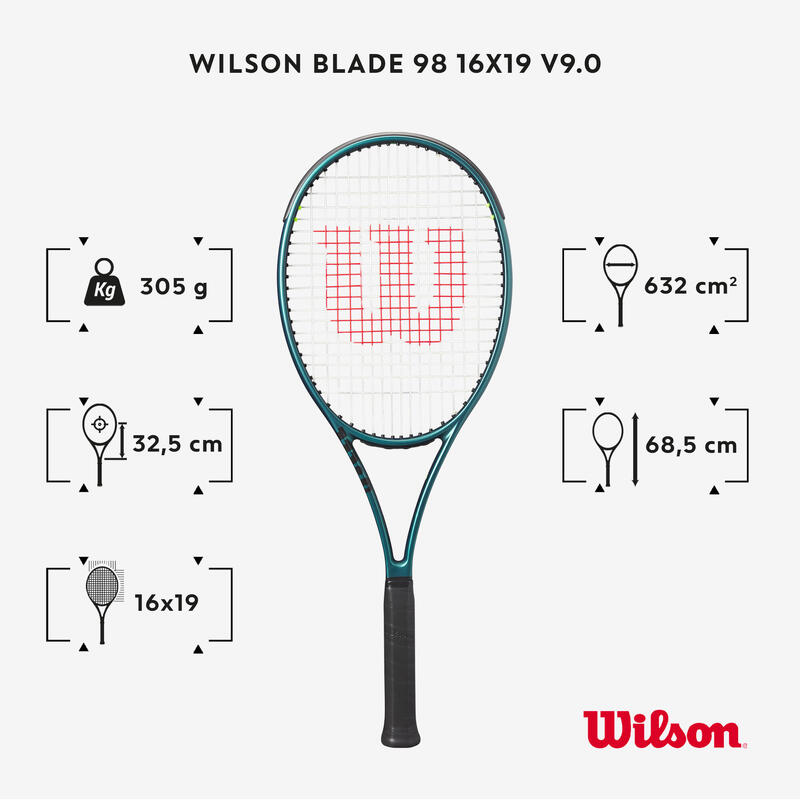 Racchetta tennis adulto Wilson BLADE 98 V9 16x19 305g non incordata verde