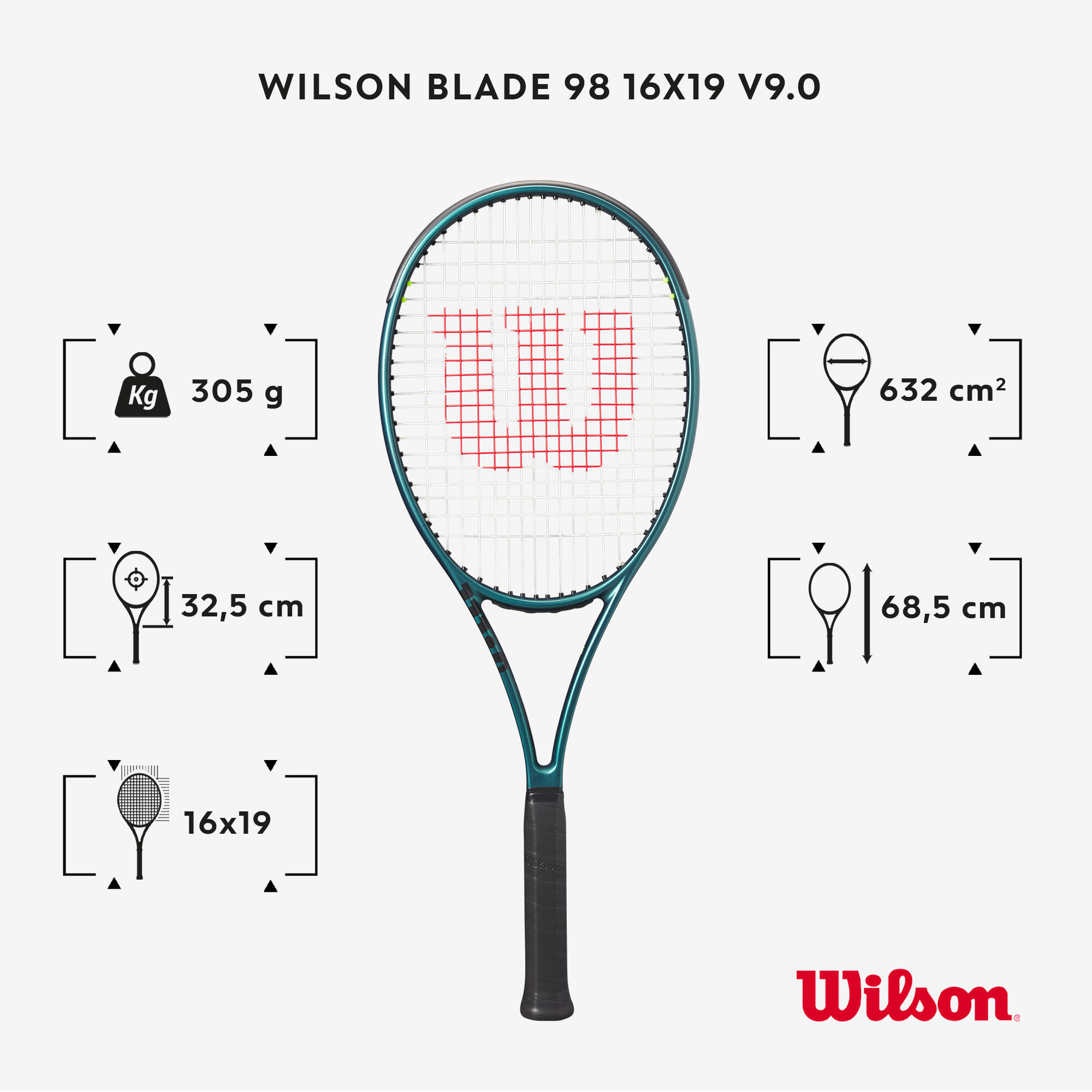 Wilson Racchetta da tennis per adulti - BLADE 98 16x19 V9 Green 305g non incordata