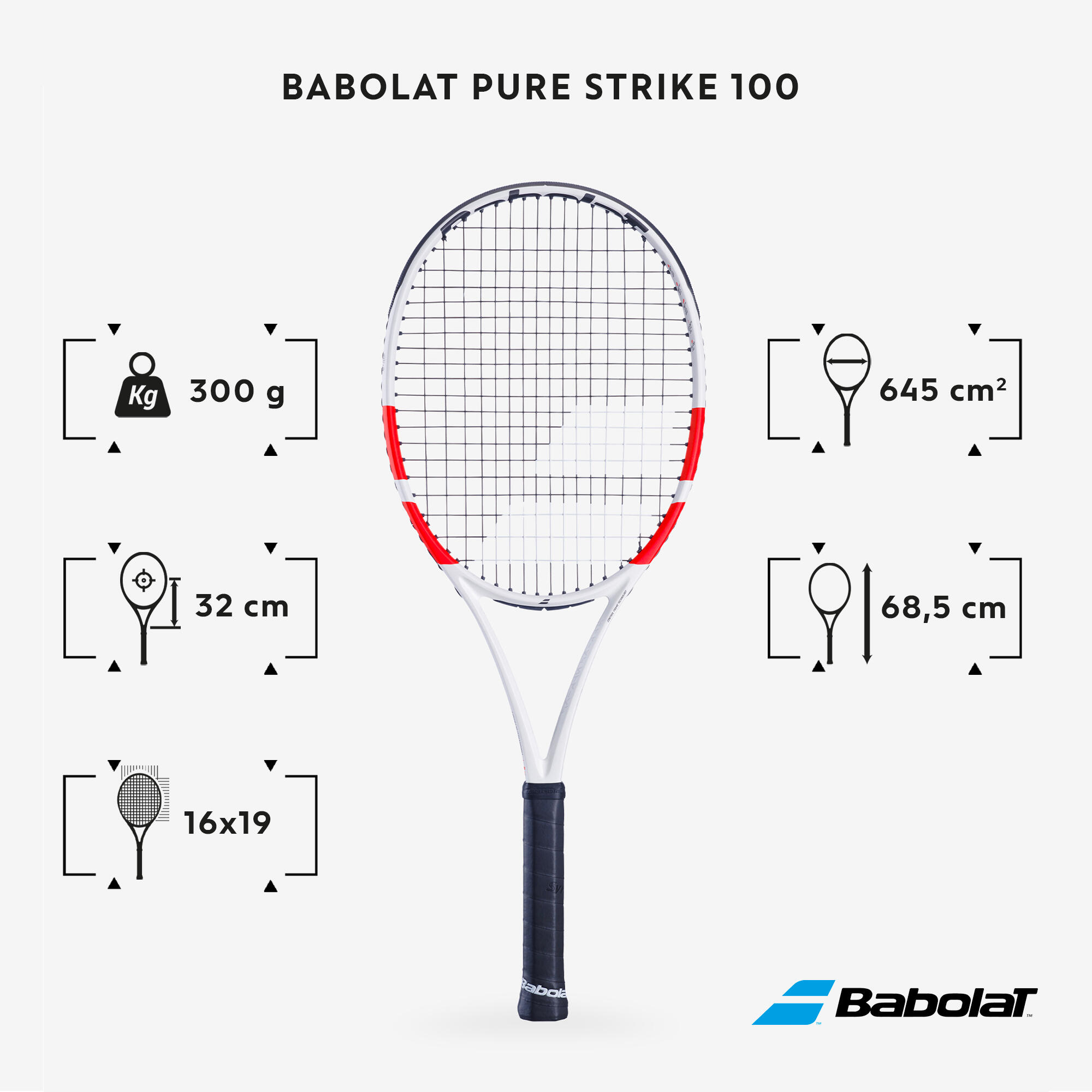 Raqueta de tenis adulto Babolat Pure Strike 100 16x19 Blanco Naranja 300 g