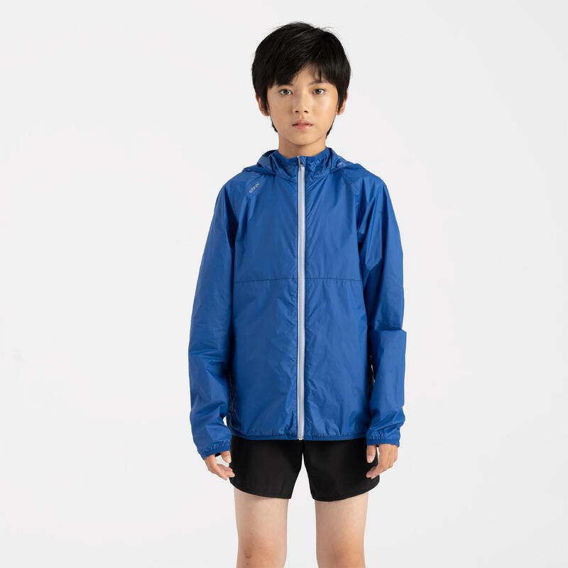 Kids' Kiprun Wind running windproof hooded jacket - blue grey 