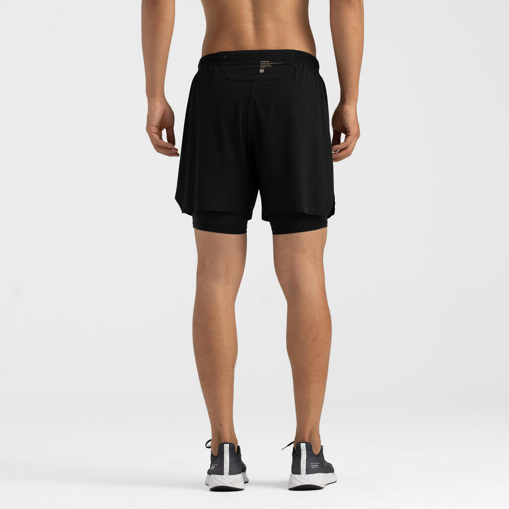 Short de running 2 en 1 negro para hombre Kiprun Run 500 Confort