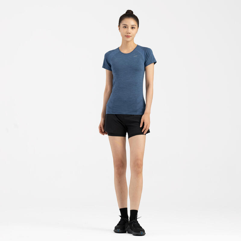 女款舒適無縫修身跑步 T 恤 Run 500－藍色