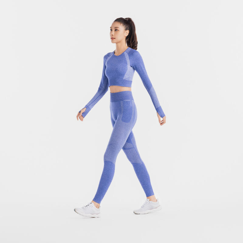 Leggings donna palestra 900 senza cuciture traspiranti blu