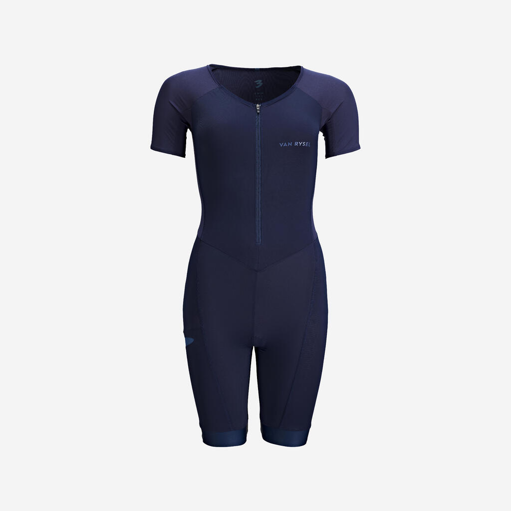 Sieviešu īso distanču triatlona tērps ar īsām piedurknēm “Trisuit”, tumši zils