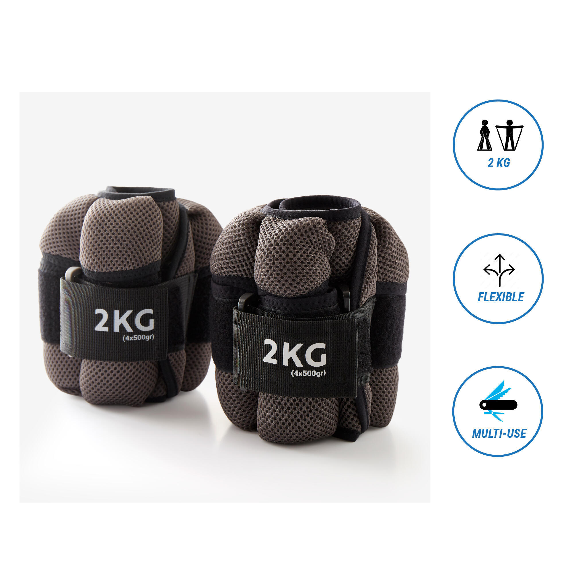Enkel- en polsgewichten 2x2 kg aanpasbaar grijs 7/13