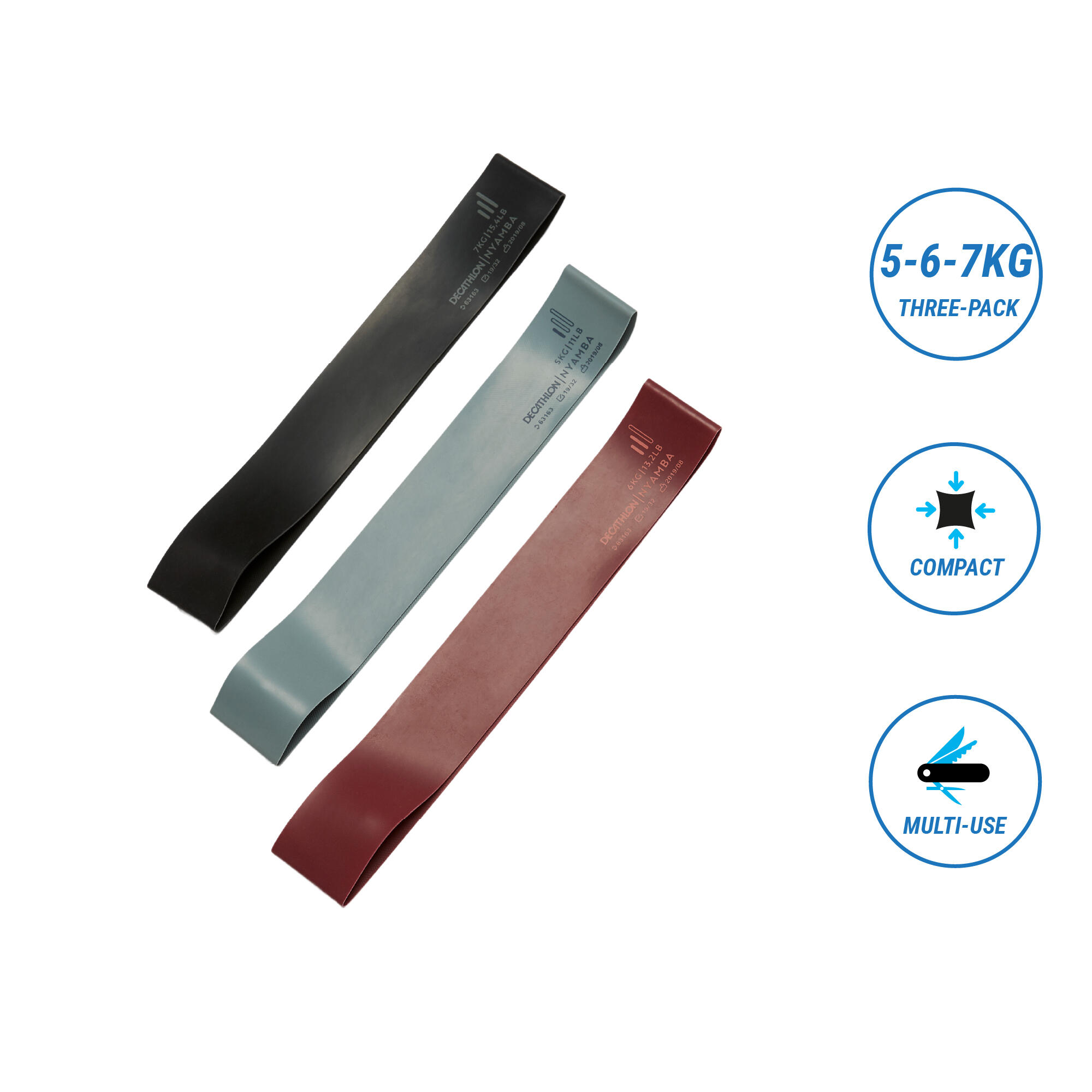 Fitness Resistance Bands Three-Pack 5-6-7 kg - Blue/Burgundy/Black