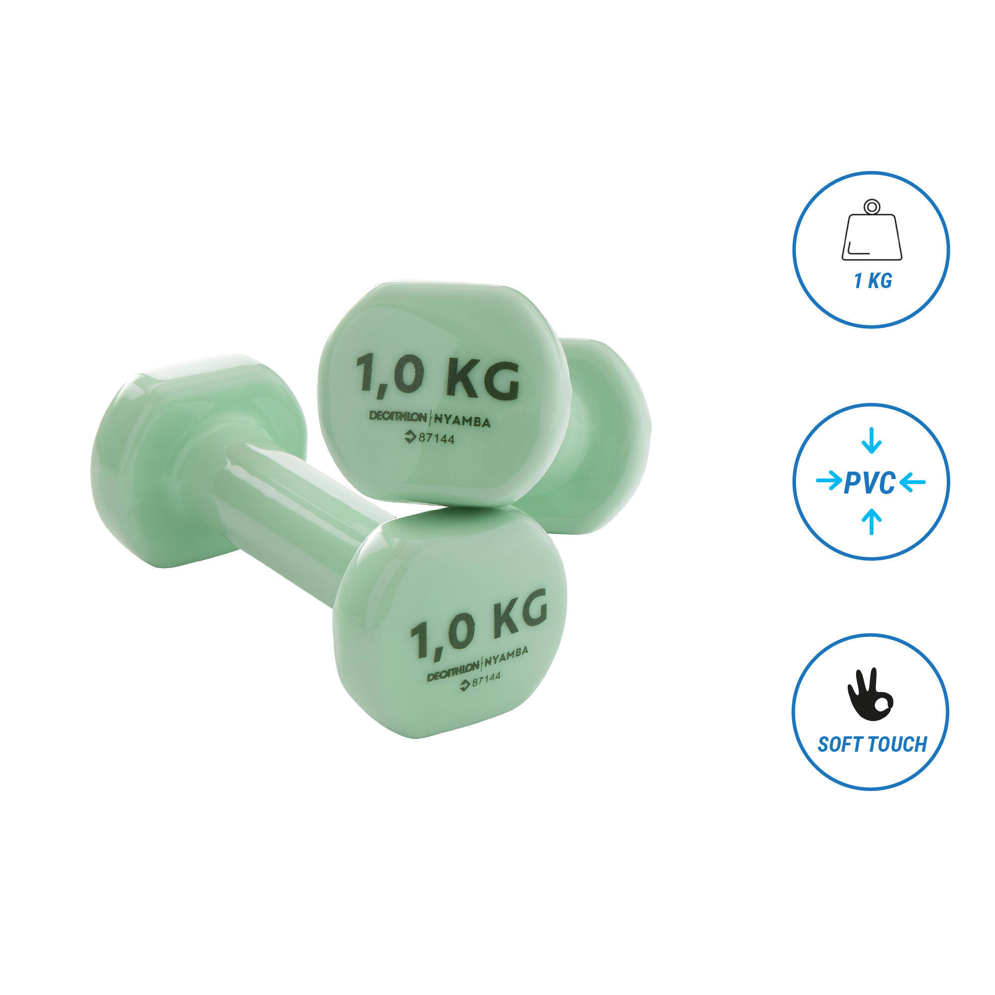 Set of 2 Hex Shaped PVC Dumbbells, 1kg, Soft Touch with 2 Years Warranty - Green -  3