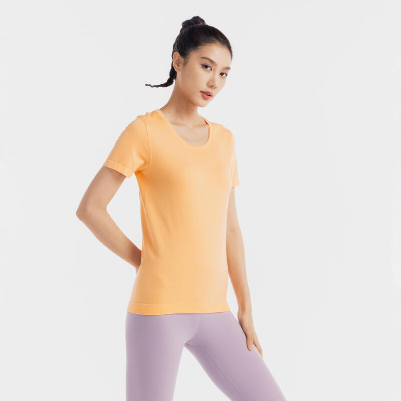 女款無縫瑜珈短袖 T 恤－夕陽橘色