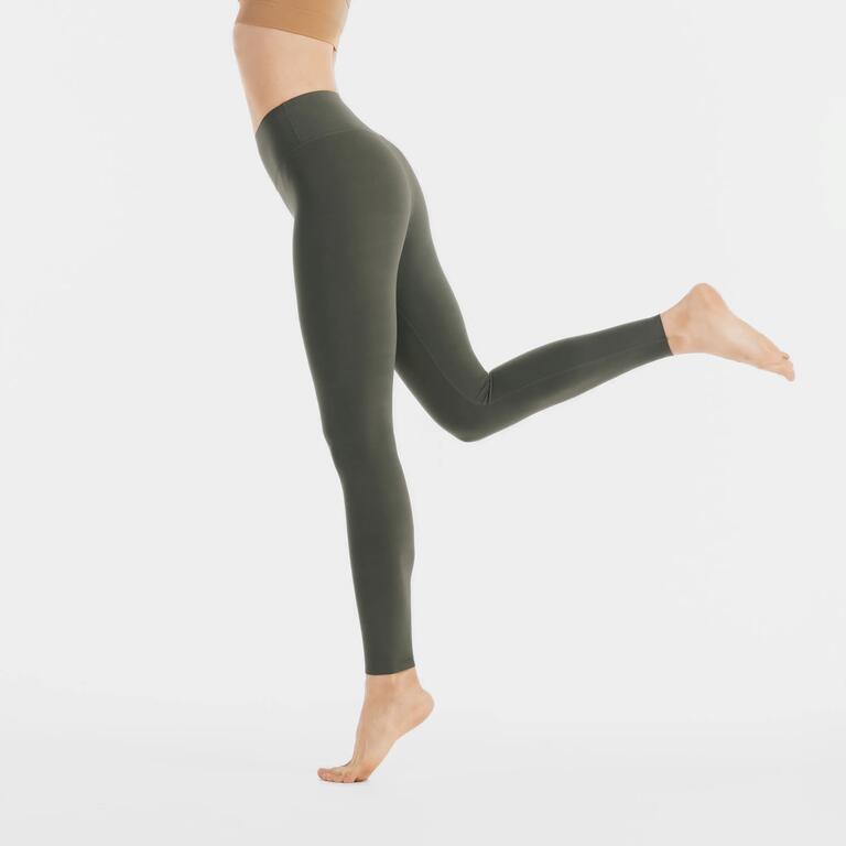 Women's khaki high-waisted yoga leggings with a fitted full-length design