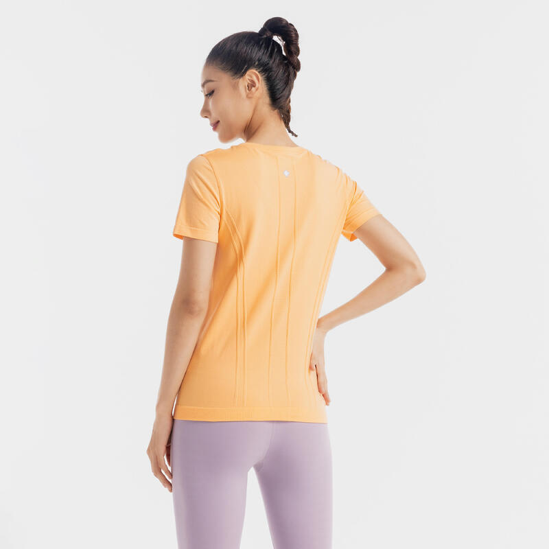 女款無縫瑜珈短袖 T 恤－夕陽橘色