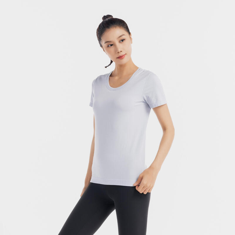 女款無縫瑜珈短袖 T 恤－灰色／藍色