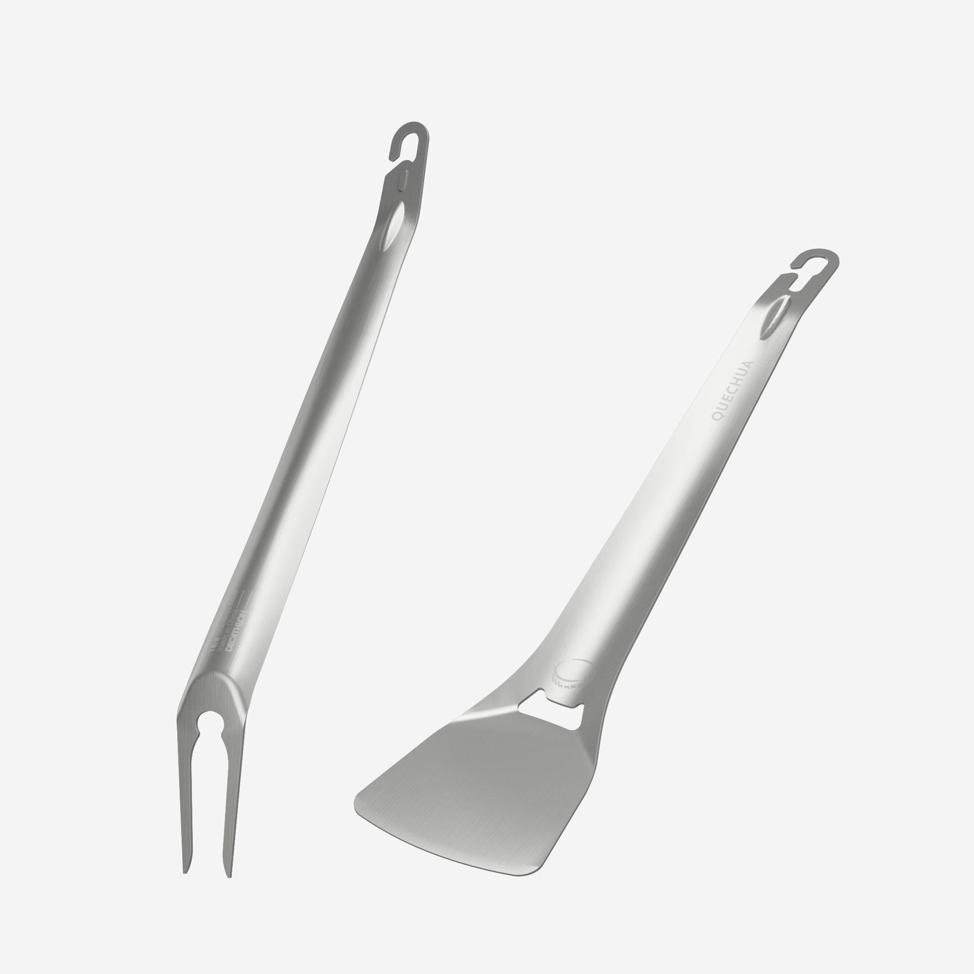 Set of 2 stainless-steel utensils, spatula and fork, for camping 2/5