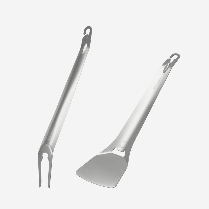 Kit 2 utensili in acciaio inox, spatola forchetta, per campeggio