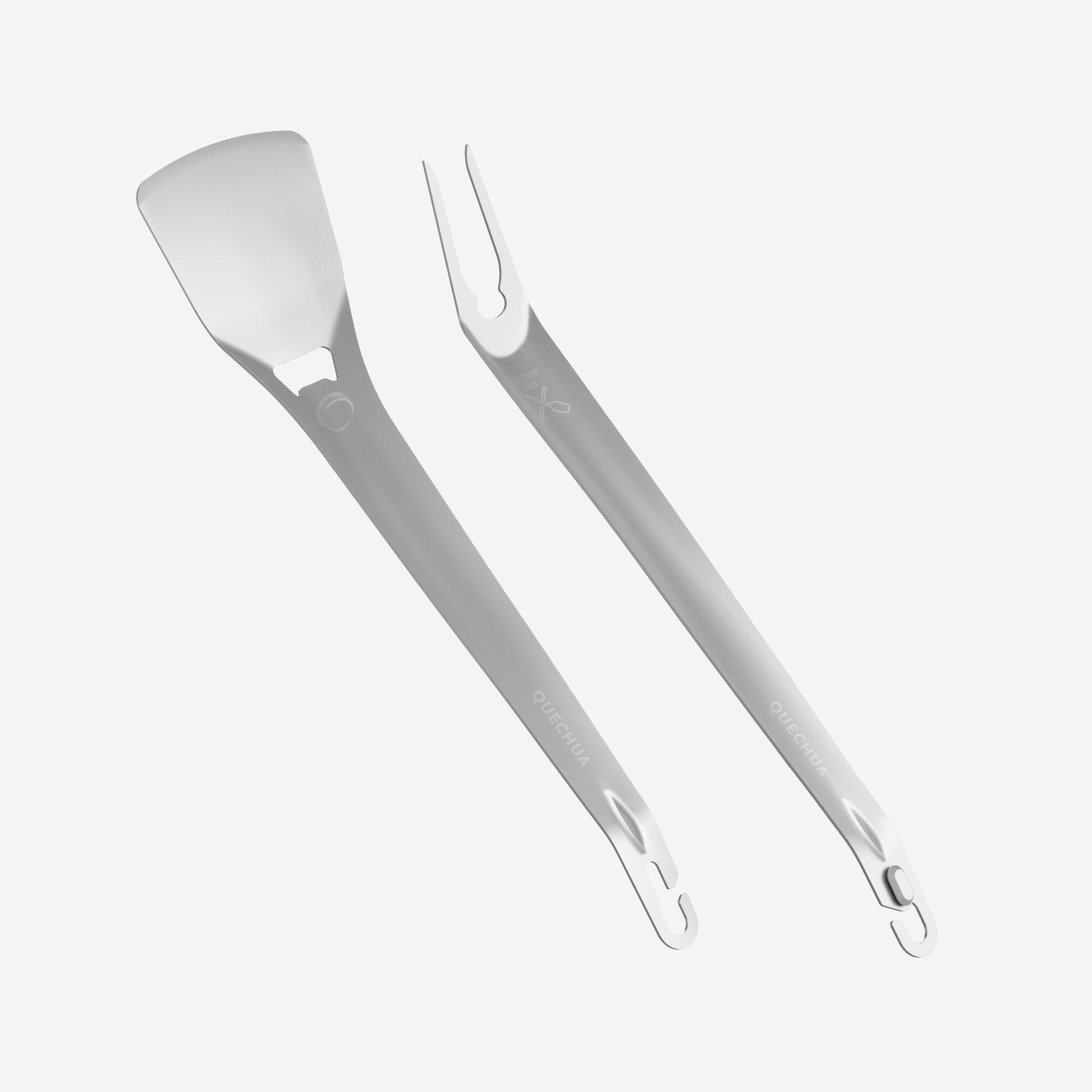 Set of 2 stainless-steel utensils, spatula and fork, for camping 1/5
