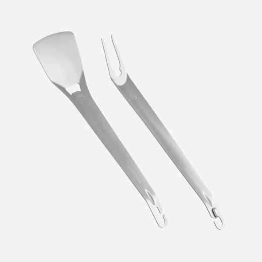 
      Set of 2 stainless-steel utensils, spatula and fork, for camping
  