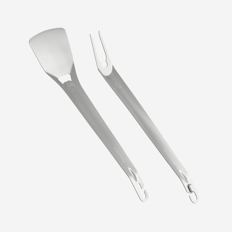 Kit 2 ustensiles en acier inoxydable, spatule-fourche, pour le camping