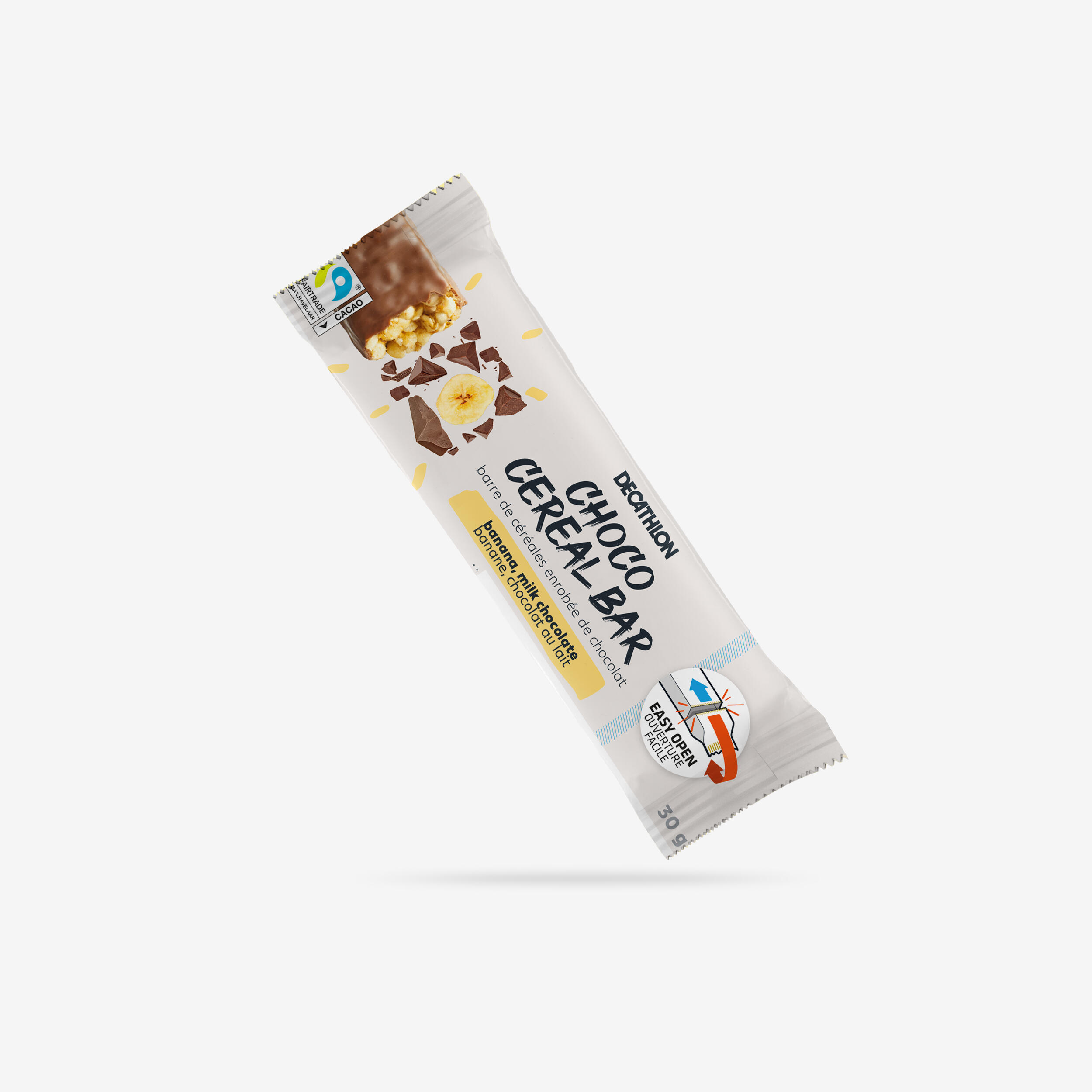 Banana-flavoured cereal bar coated in milk chocolate 1/4