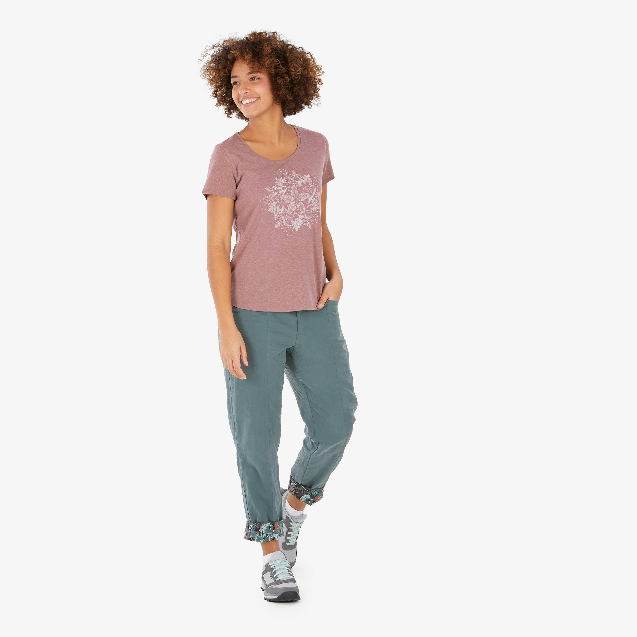 Women Relaxed Fit Linen Pants Grey Khaki - NH500 -  2