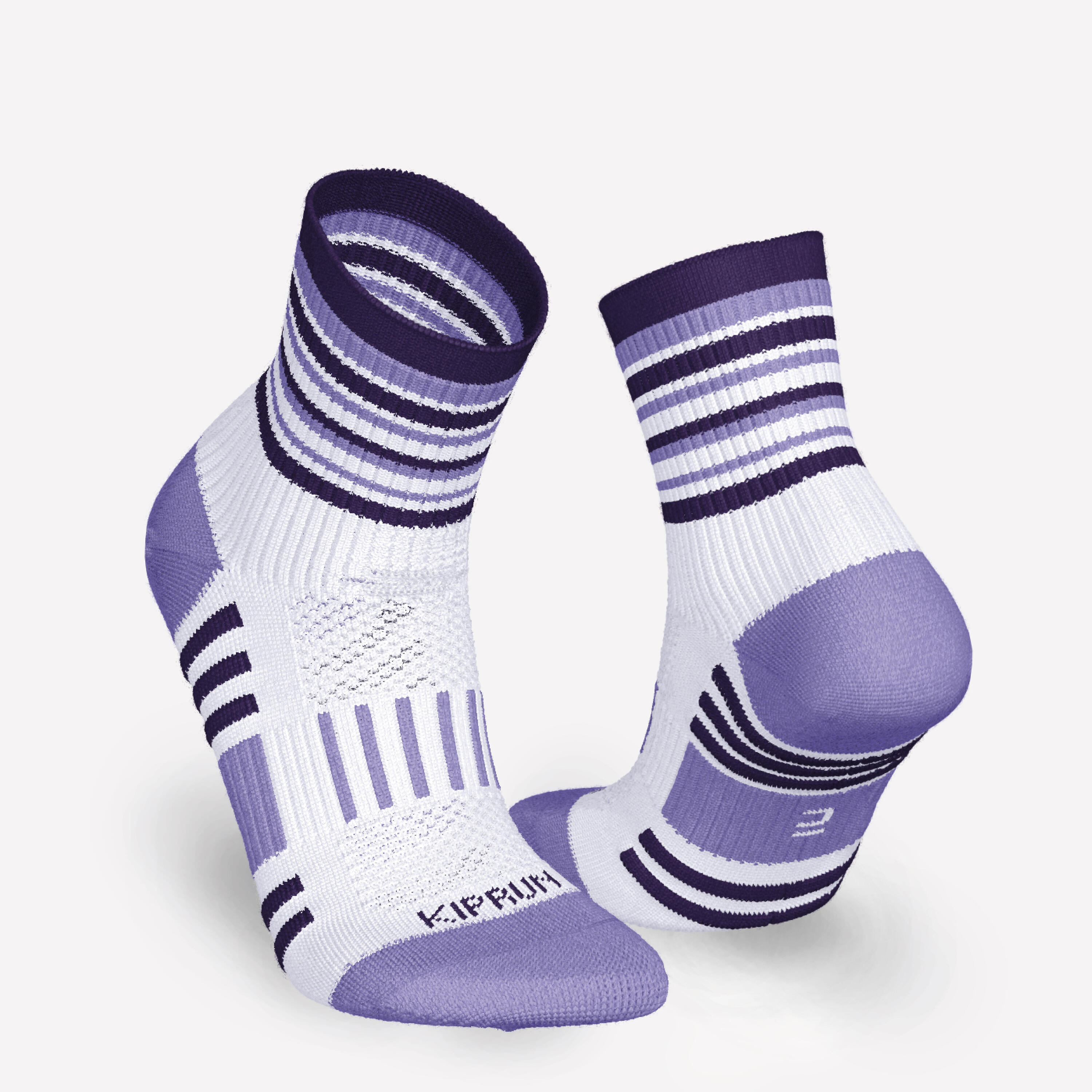 KIPRUN 500 mid kids' comfort running socks 2-pack - striped and plain purple 3/11