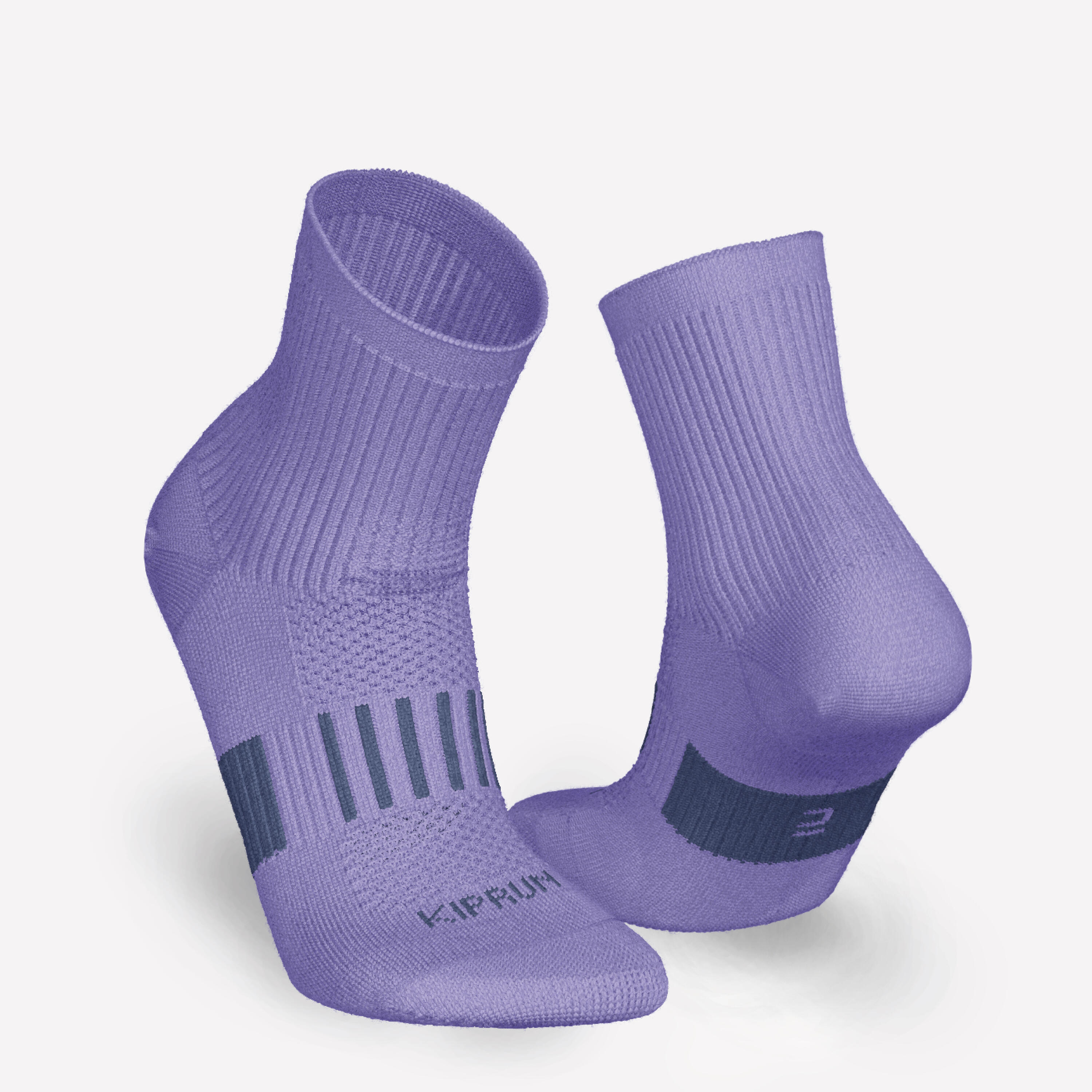 KIPRUN 500 mid kids' comfort running socks 2-pack - striped and plain purple 2/11