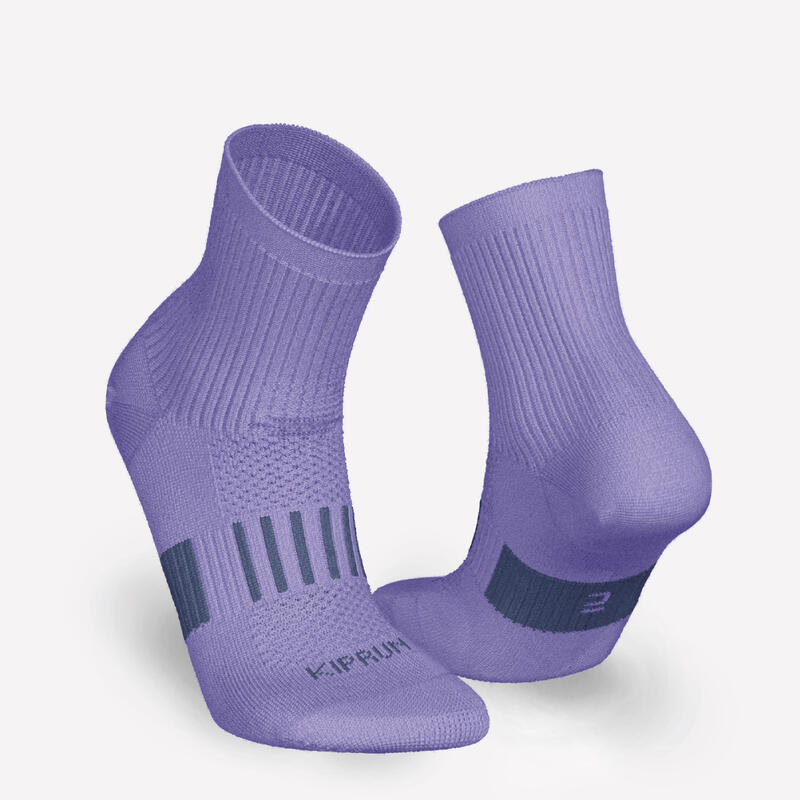 KIPRUN 500 mid kids' comfort running socks 2-pack - striped and plain purple