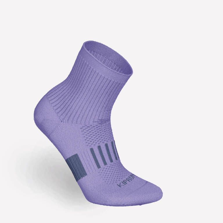 KIPRUN 500 mid kids' comfort running socks 2-pack - striped and plain purple