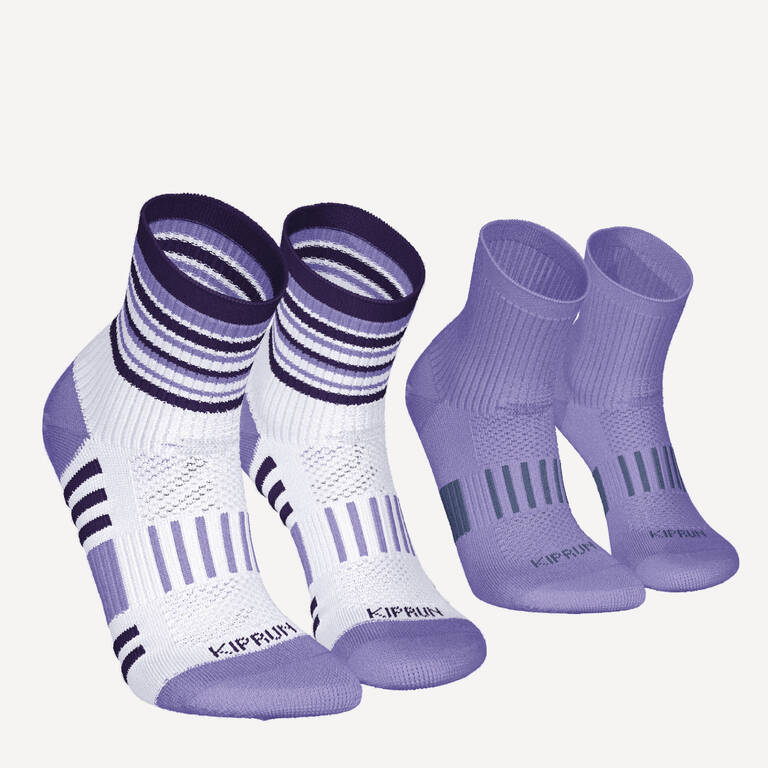 KIPRUN 500 mid kids' comfort running socks 2-pack - striped and plain purple