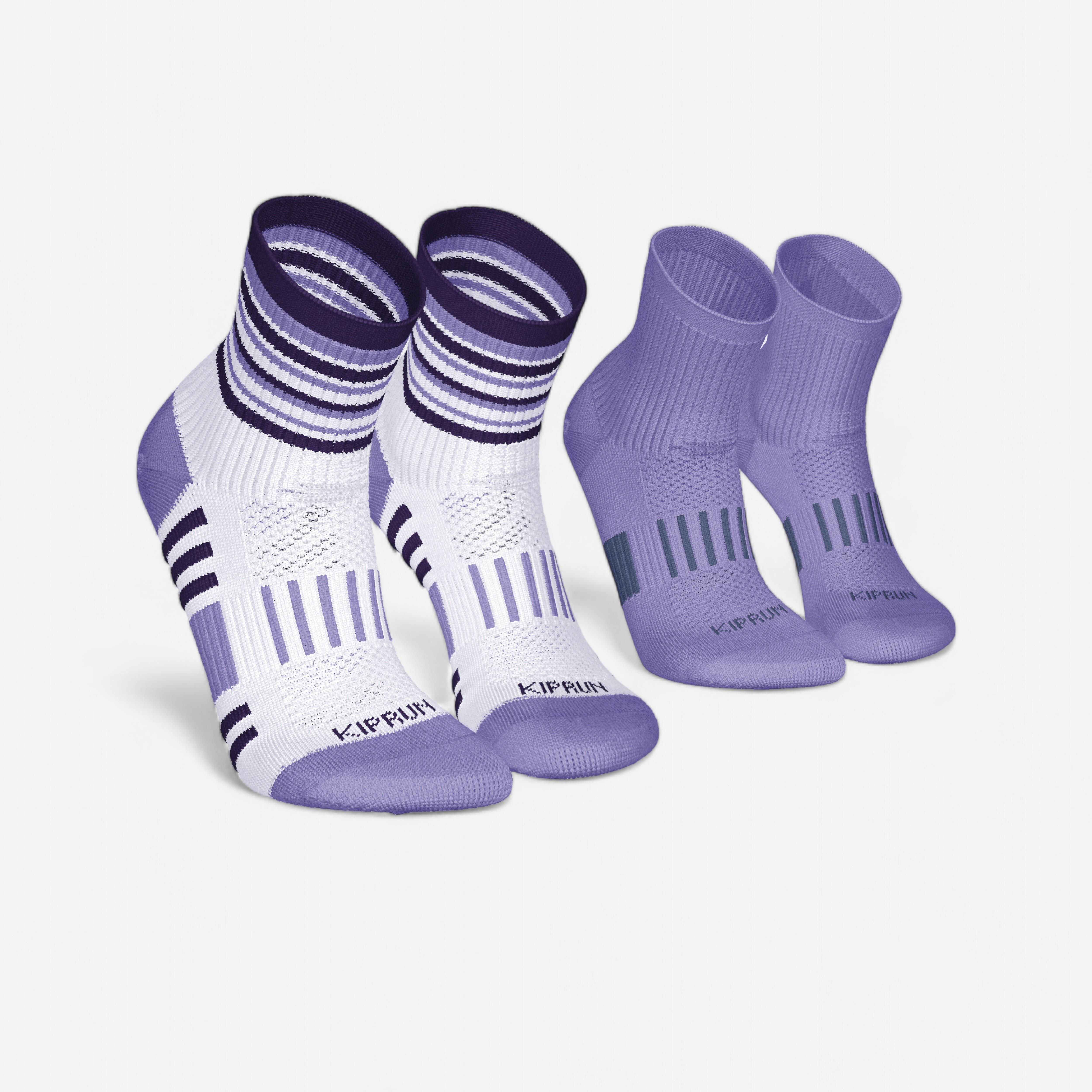 KIPRUN 500 mid kids comfort running socks 2 pack striped and plain purple