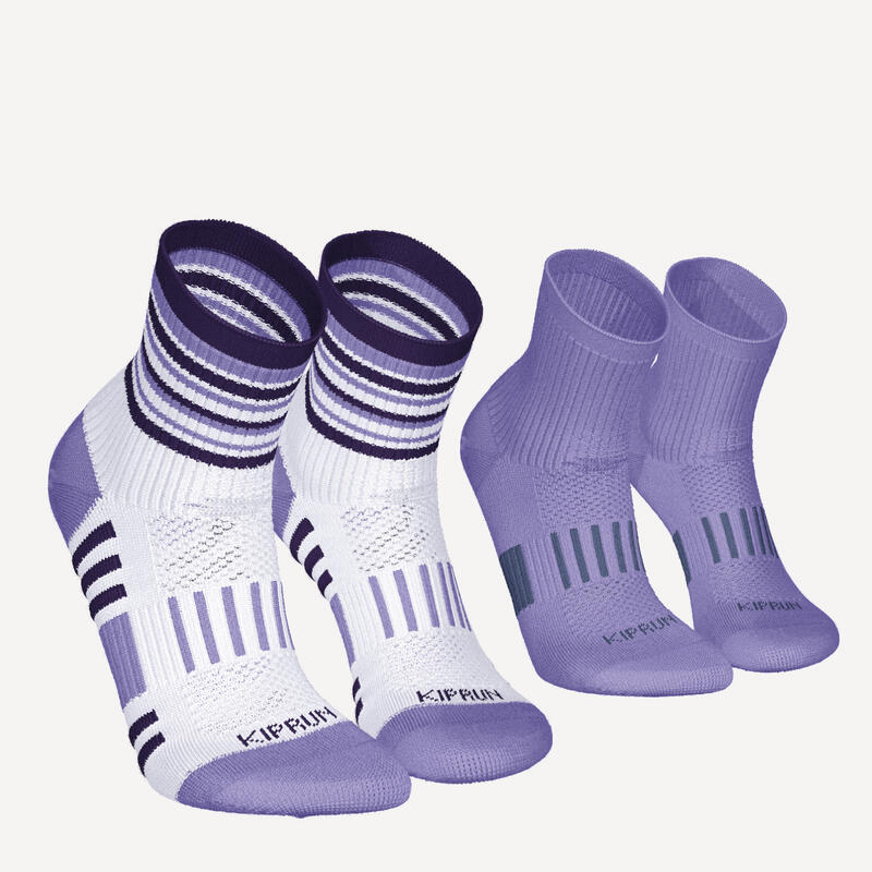 Lote x2 calcetines running comodidad Niños KIPRUN 500 mid liso y rayas violeta