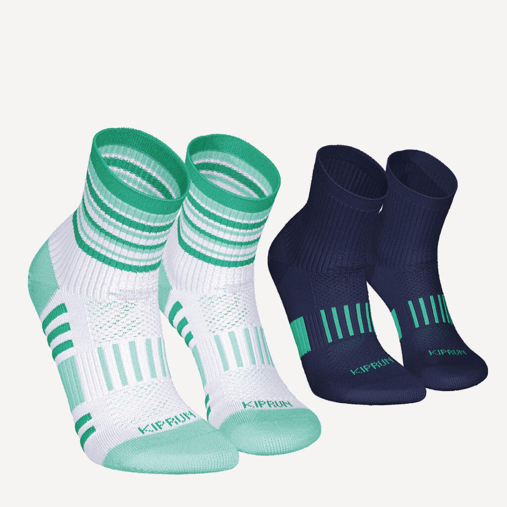 LotX2 de chaussettes running confort Enfant - KIPRUN 500 mid marine et rayé vert