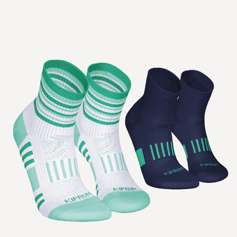 兒童舒適中筒跑步襪（2 雙入）－軍藍色和條紋綠色