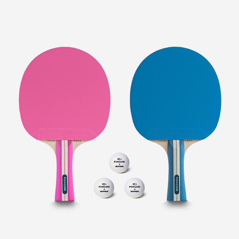 2 Table Tennis Bats & 3 Balls TTR 130 4* Spin ITTF - Blue & Pink