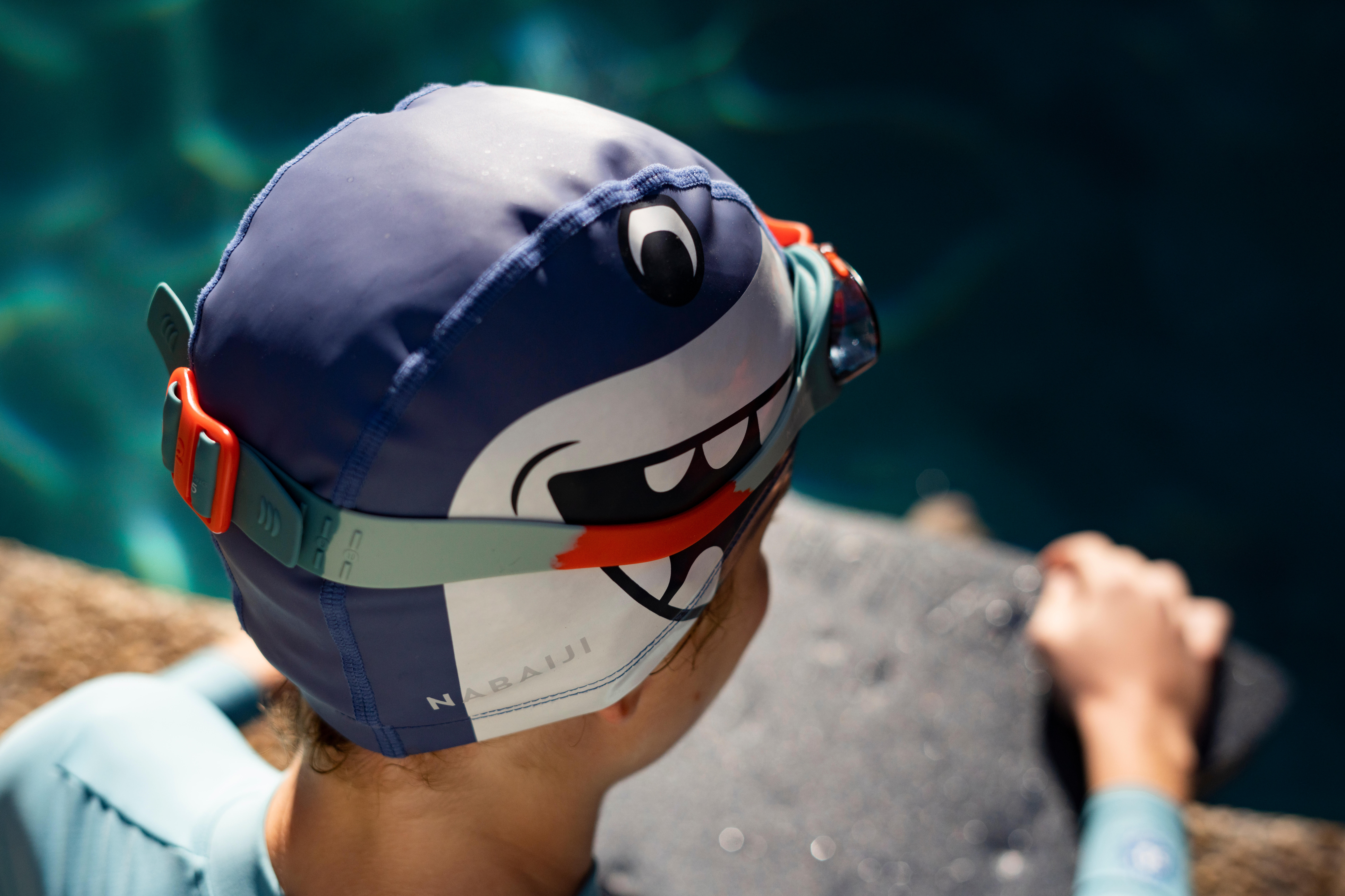 Kids Swim Cap Coated Mesh Printed Fabric Shark Blue