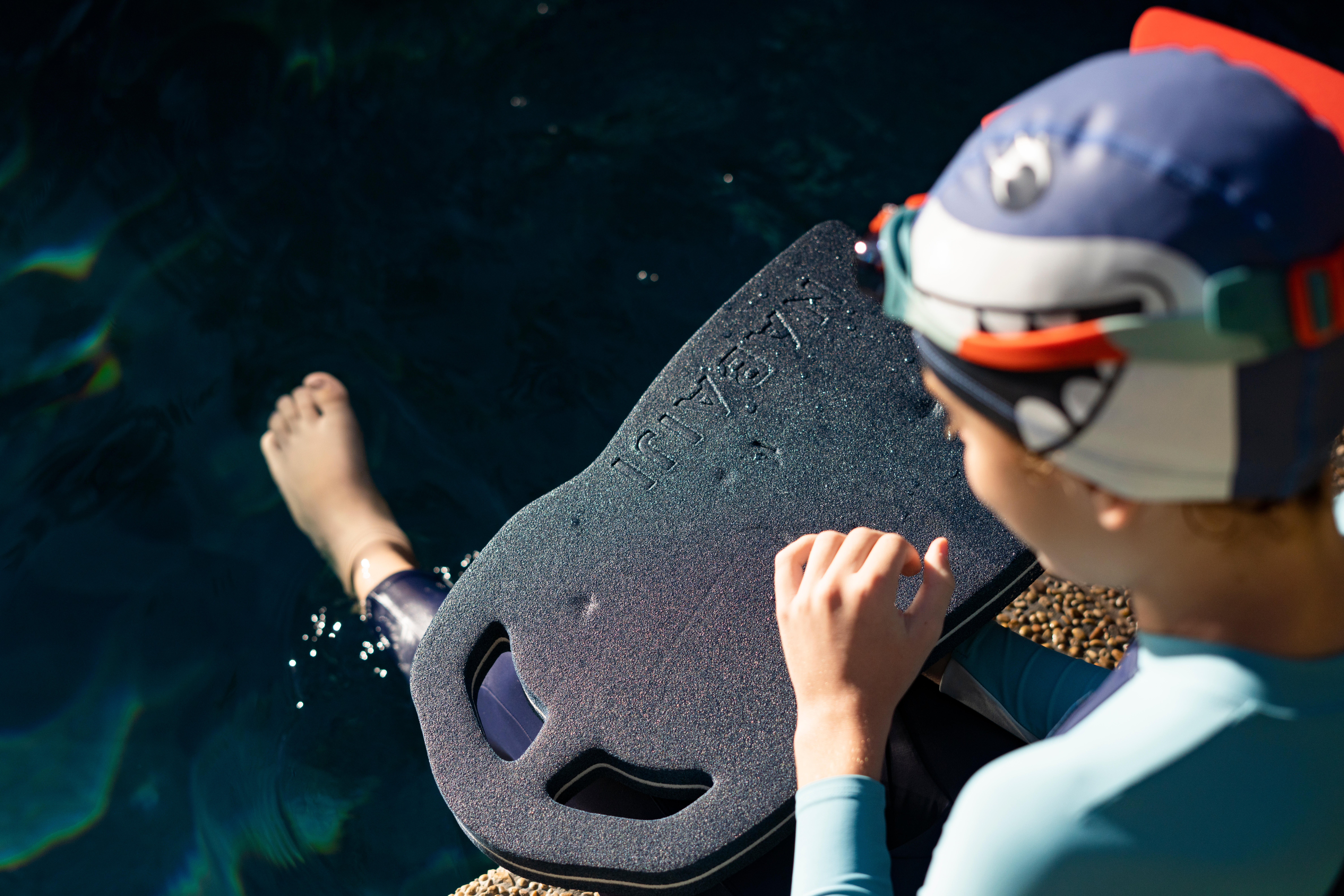 Kids Swim Cap Coated Mesh Printed Fabric Shark Blue