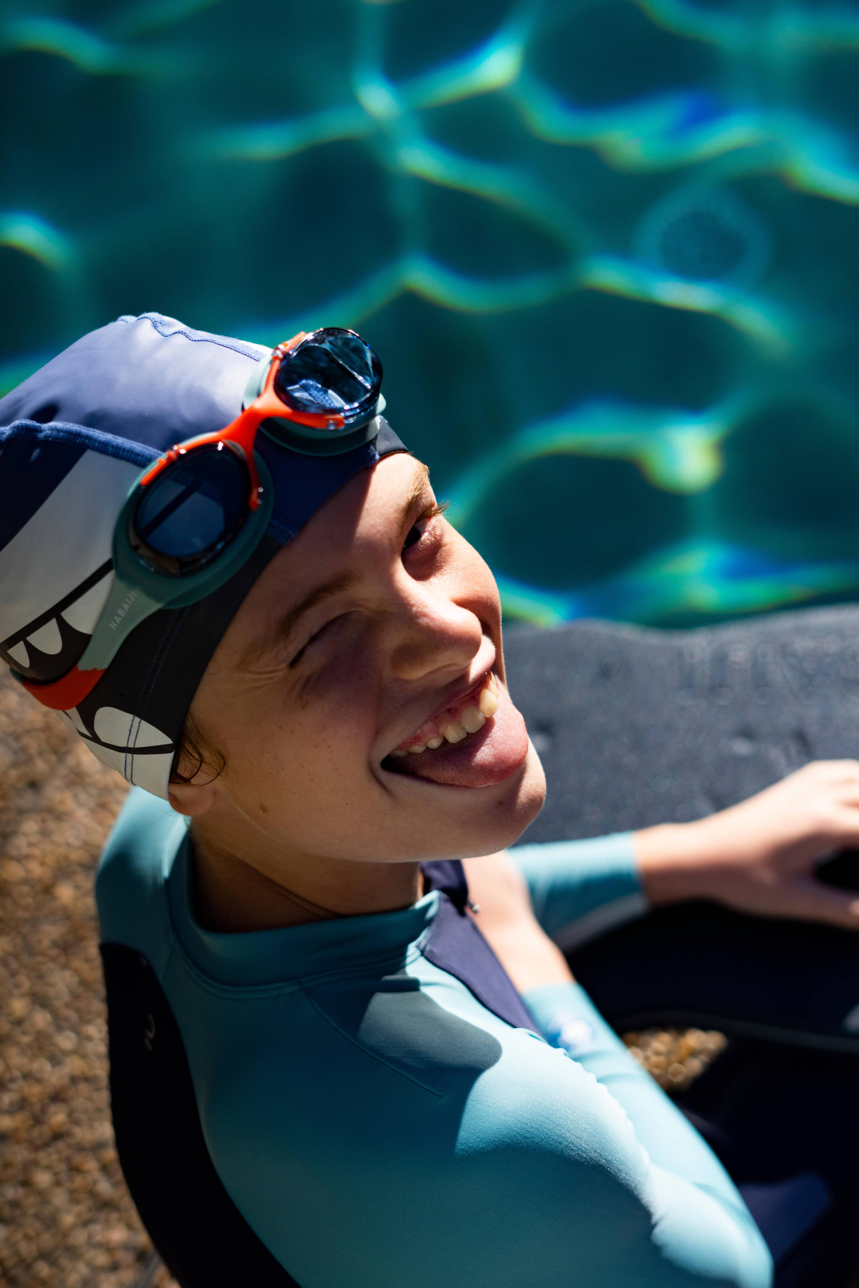 Kids Swim Cap Coated Mesh Printed Fabric Shark Blue -  5