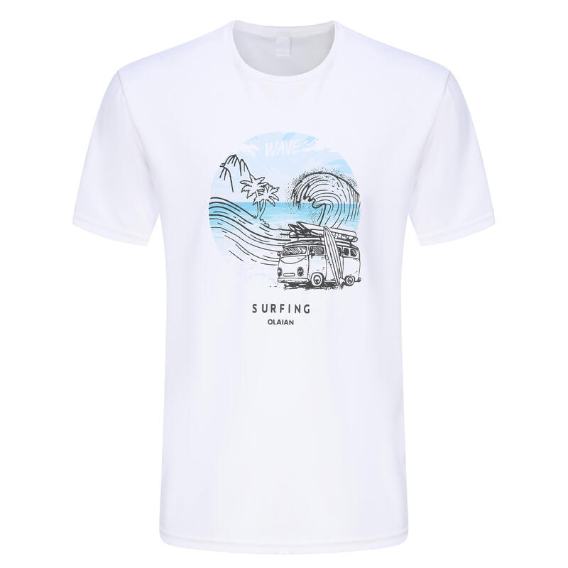 男款防曬衝浪 T 恤－白色海灘款