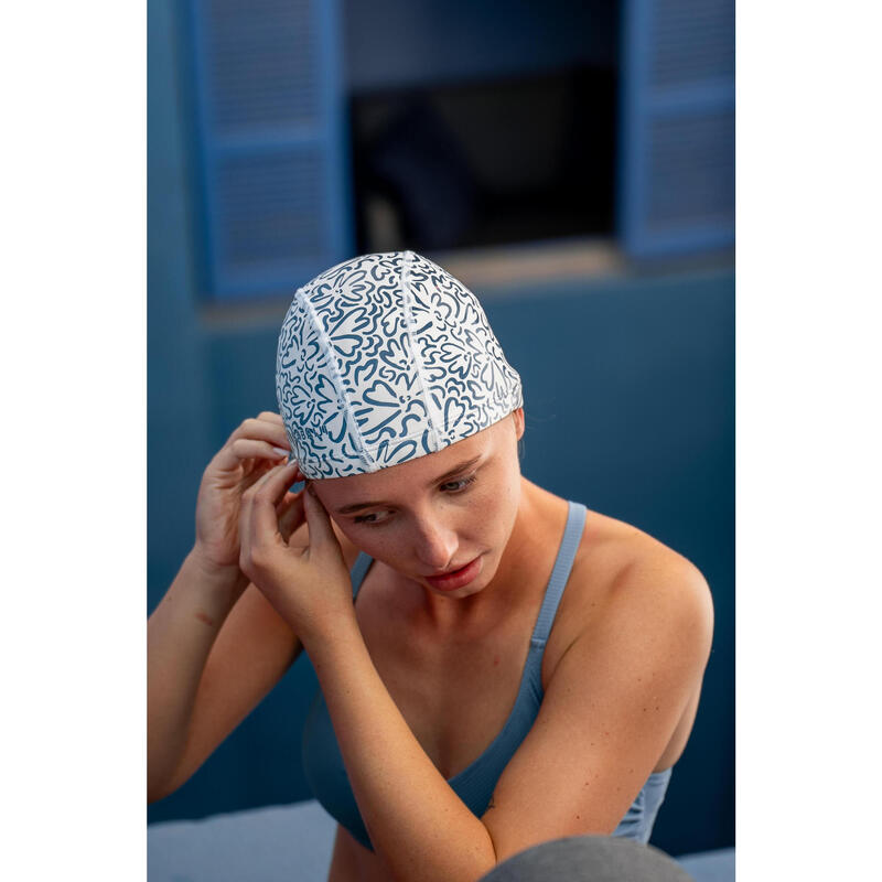 Bonnet de Bain en Maille Enduite - Tissu Imprimé - Taille M - Blanc Ondu Bleu